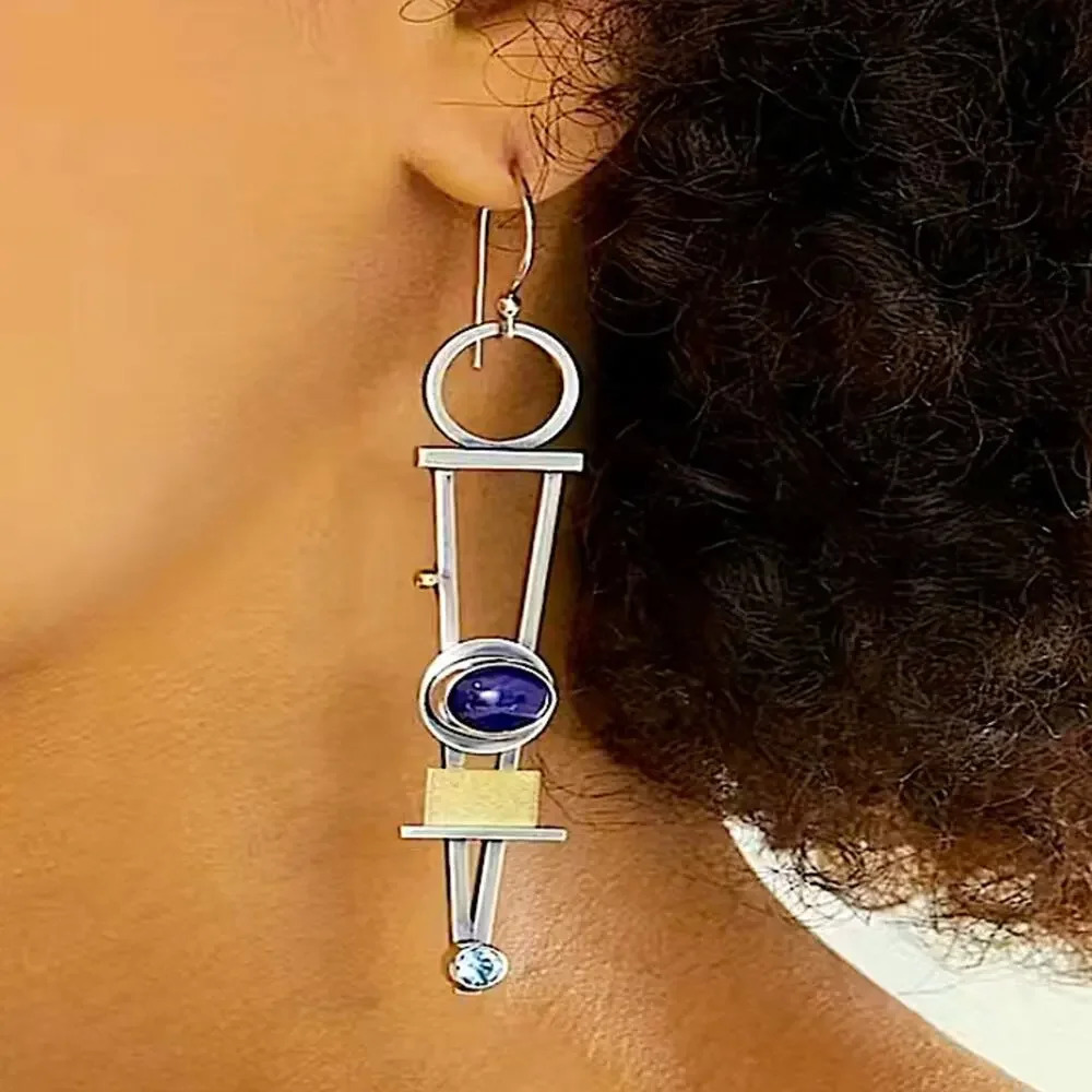 Silver Vintage Handmade Geometric Boho Abstract Dangle Handmade Earrings - Picture 1 of 6